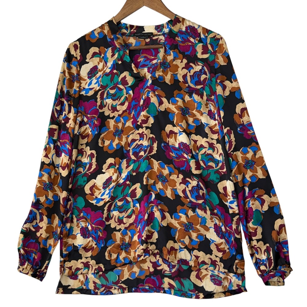 Worth New York 100% Silk Blouse 6 Multicolor Floral Long Sleeve Top Career Fall